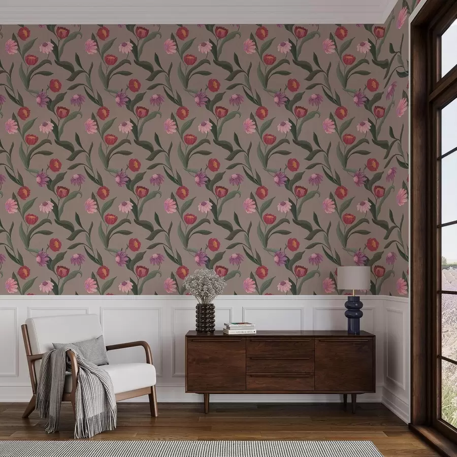 wall murals Pink-red flowers on a taupe background, long stems a00631v2
