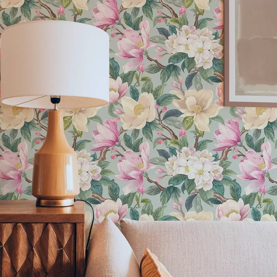 wall murals Magnolias and white blossoms on a mint-gray background a00644