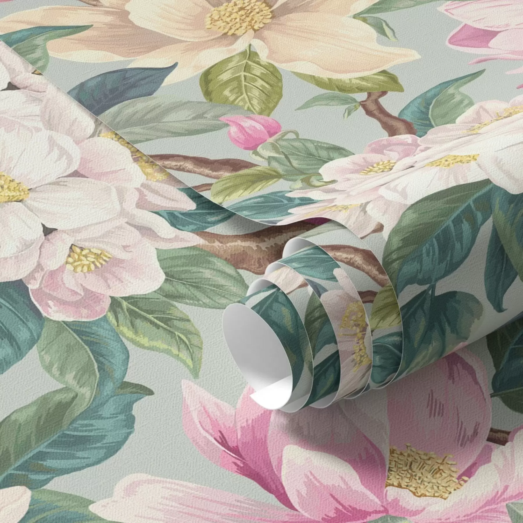 wall murals Magnolias and white blossoms on a mint-gray background a00644