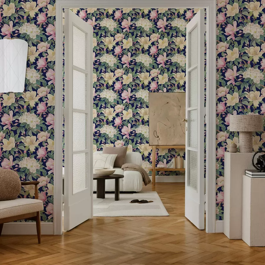 wall murals Magnolias and buds on a deep navy background a00644v1