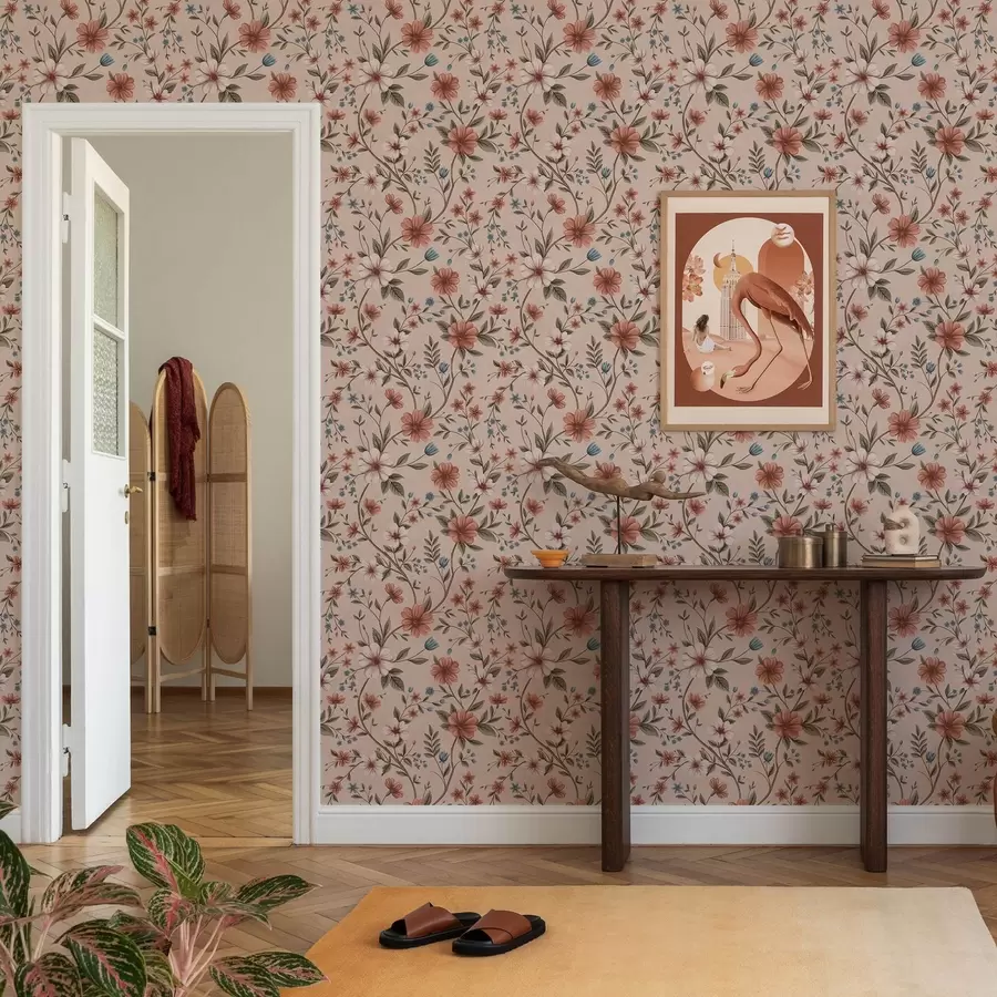 wall murals Pink-coral flowers and foliage on dusty pink a00667