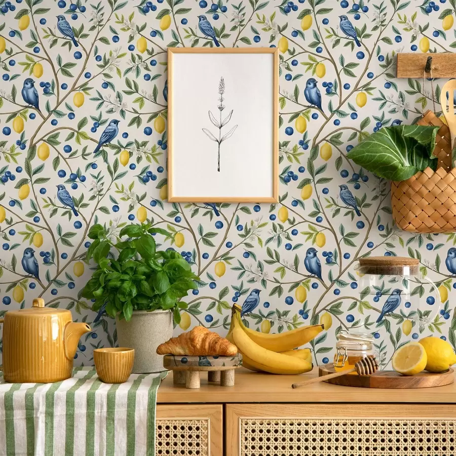 wall murals Blue birds, lemons and berries on a white background a00668