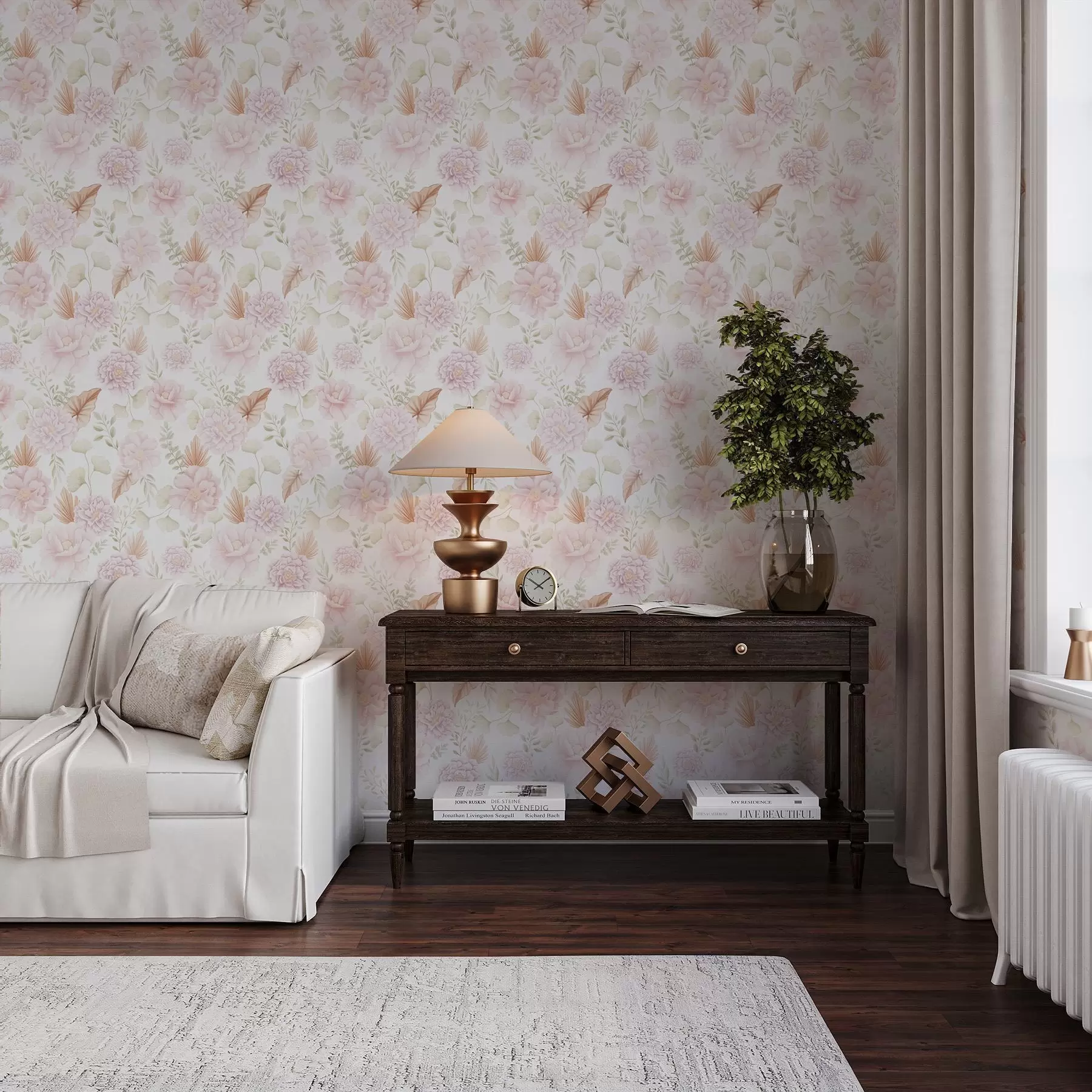 wall murals Soft pastel peonies and foliage on a white background a00669