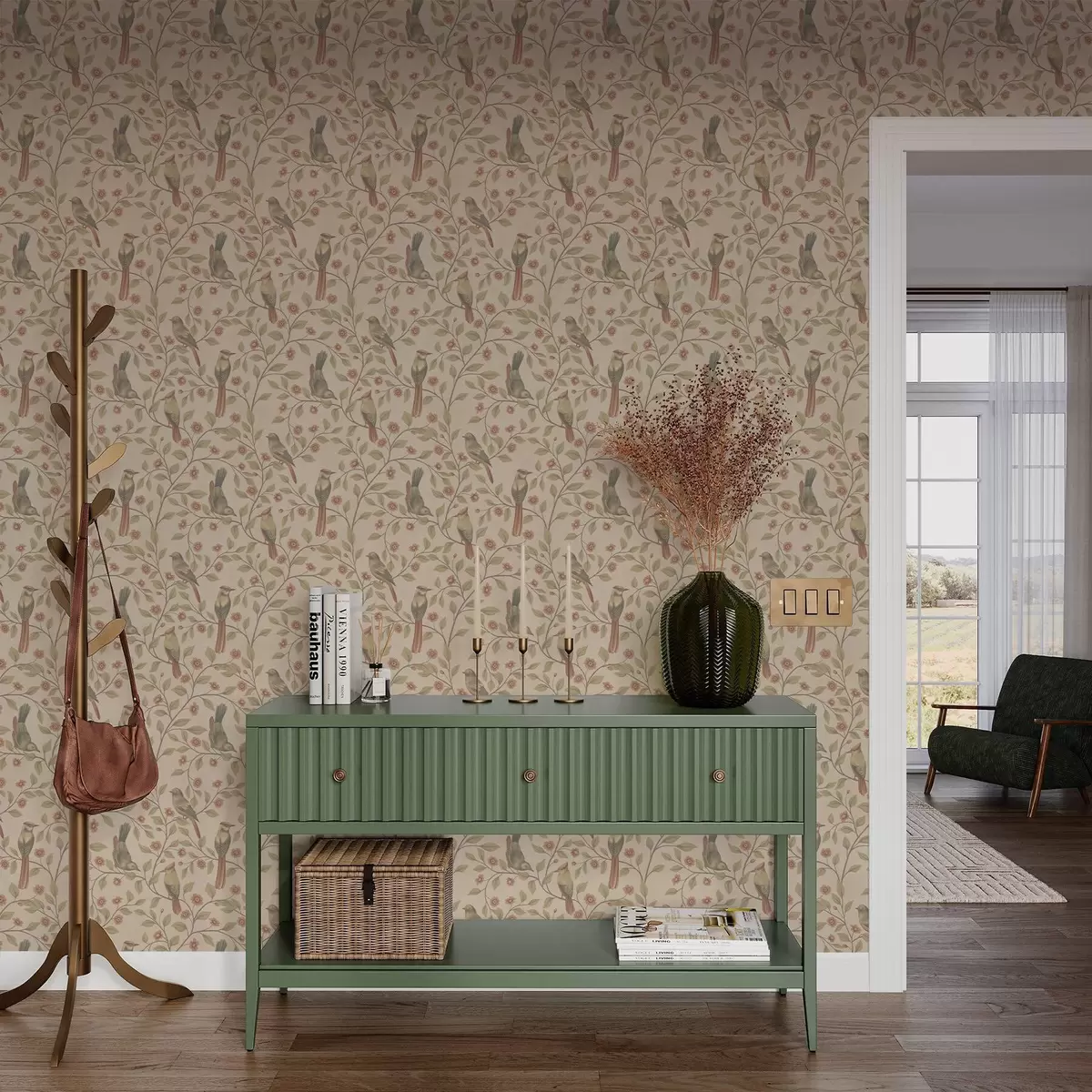 Wallpaper Birds on flowering branches, warm beige background a00670