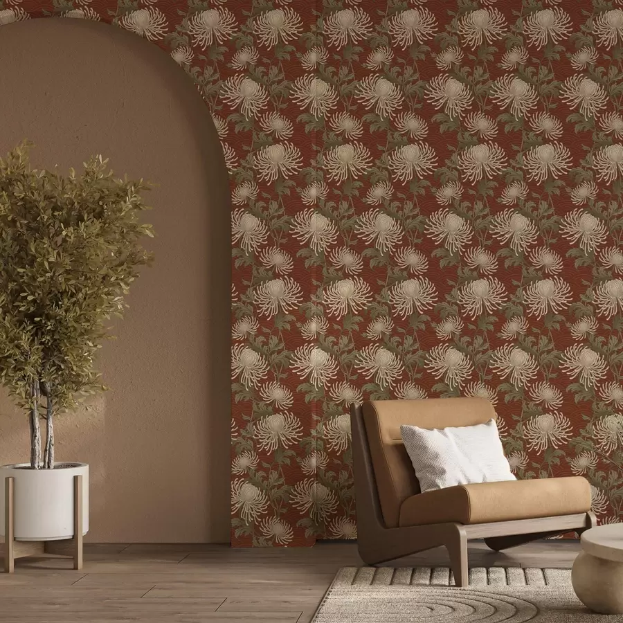 wall murals Cream chrysanthemums on a terracotta background, Asian style a00693