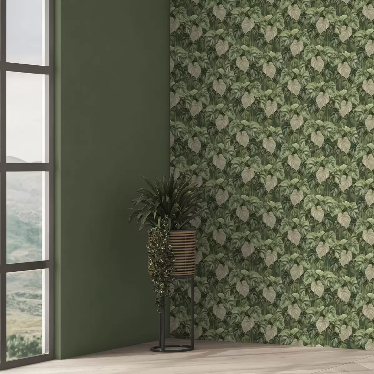 Wallpaper Lush philodendron leaves in shades of green and ivory a00695