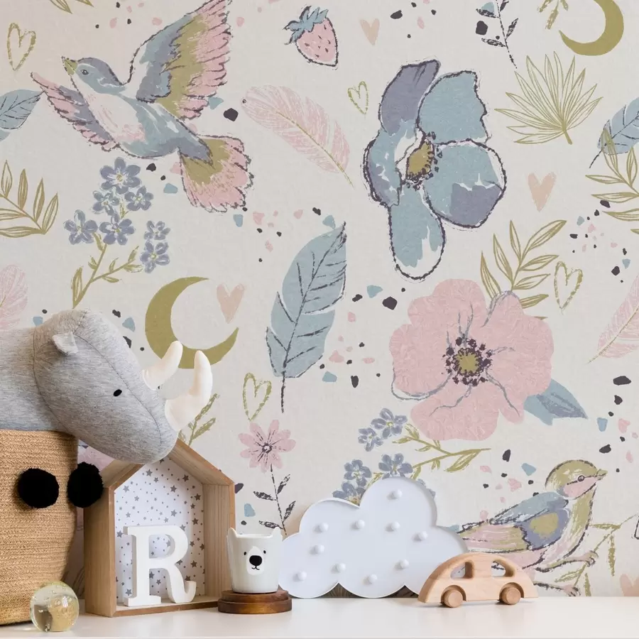 wall murals Pastel birds and flowers with crescent moons on a white background a00721