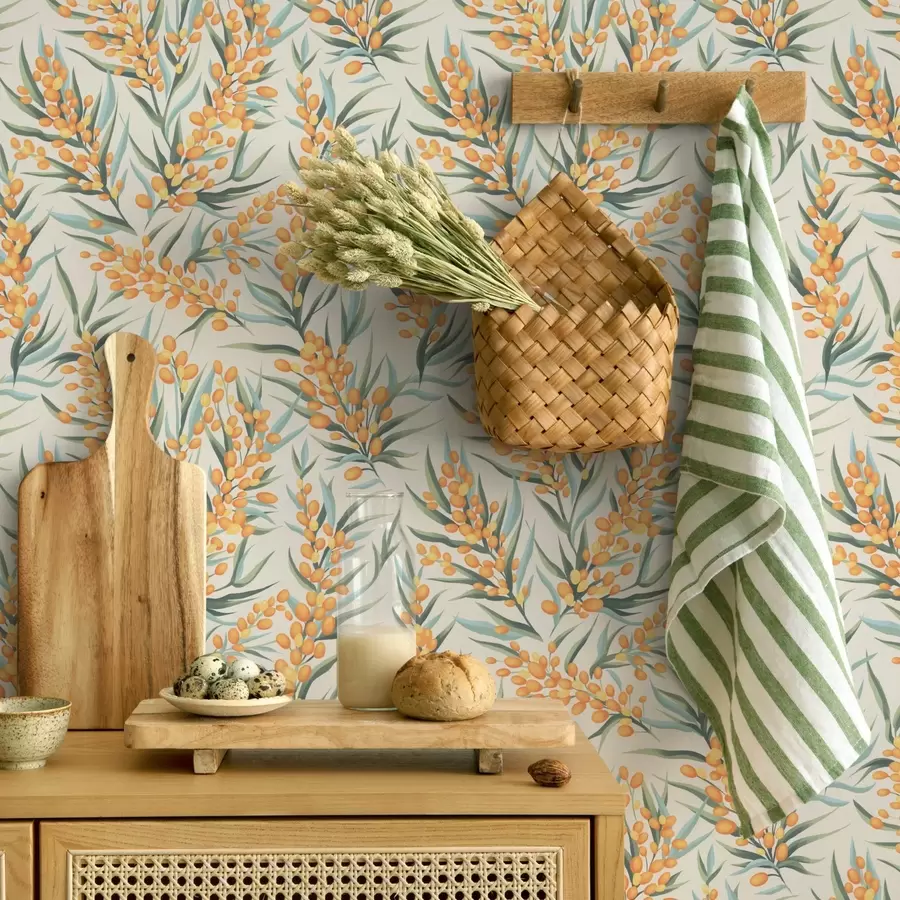 wall murals Sea buckthorn branches with orange berries, light background a00792