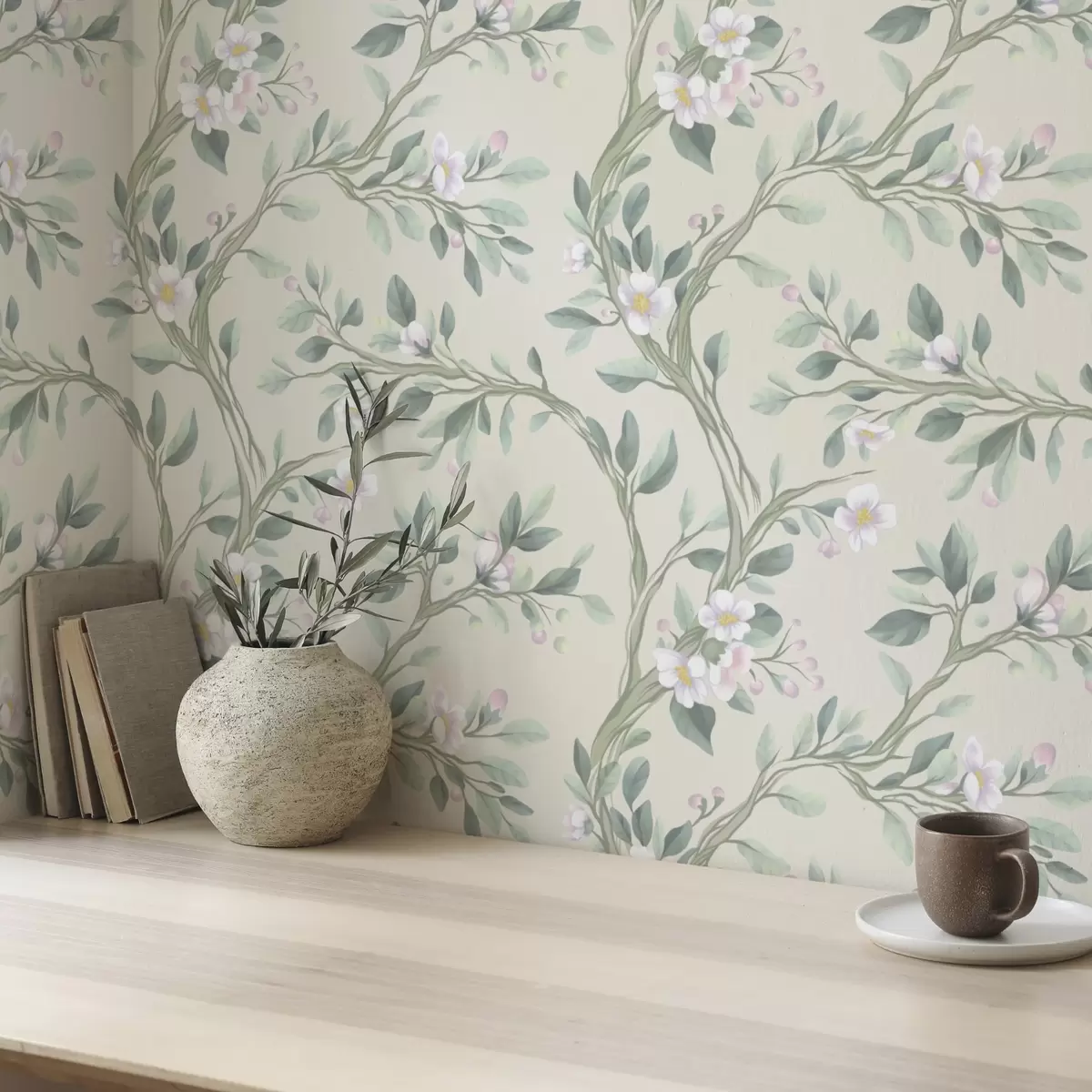 Wallpaper Delicate blooming branches on a cream background, pastel a00793