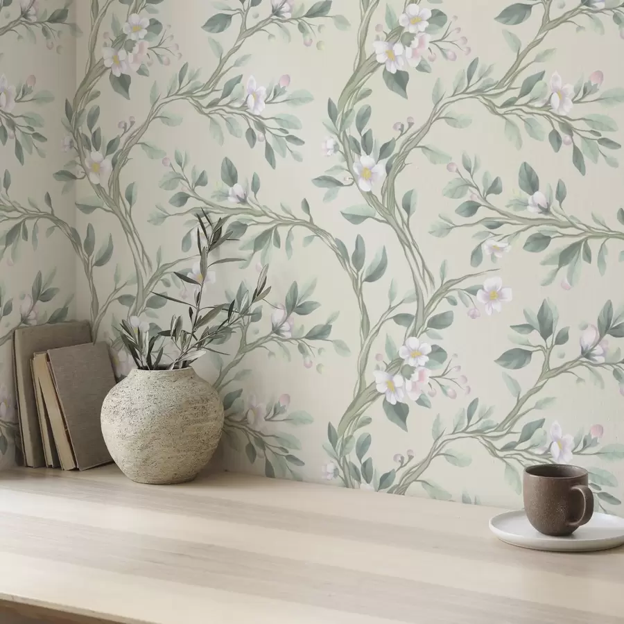 wall murals Delicate blooming branches on a cream background, pastel a00793