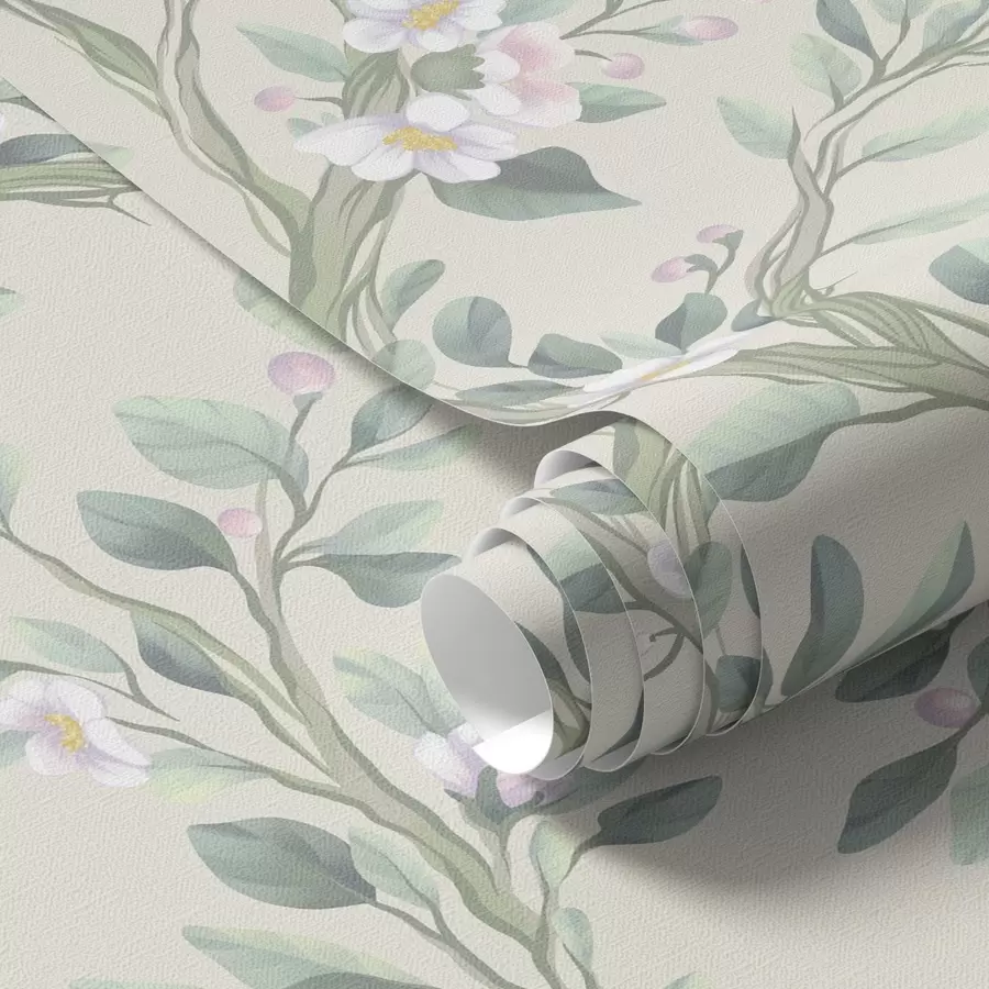wall murals Delicate blooming branches on a cream background, pastel a00793