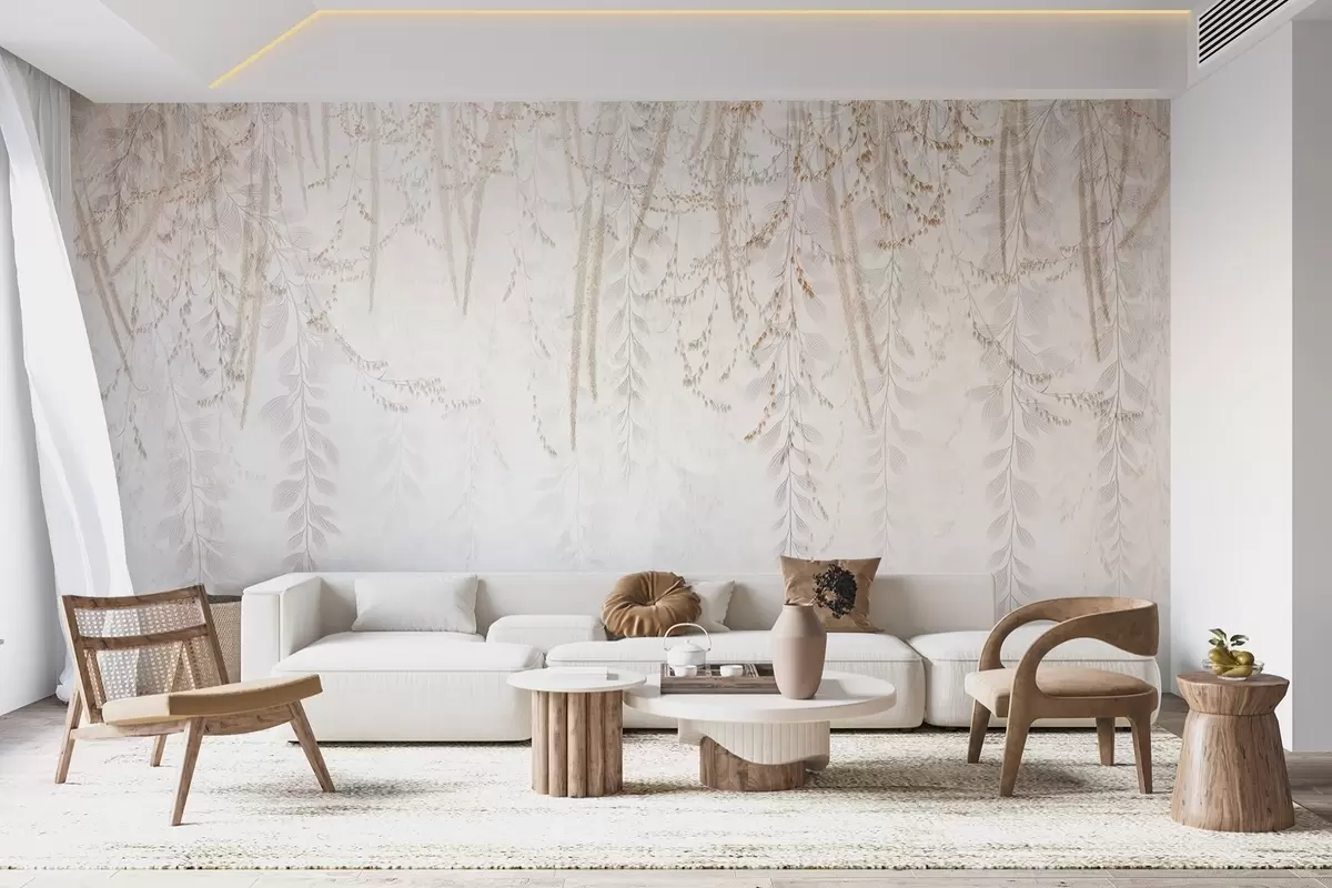 wall murals Light hanging leaves and branches in beige tones w09433