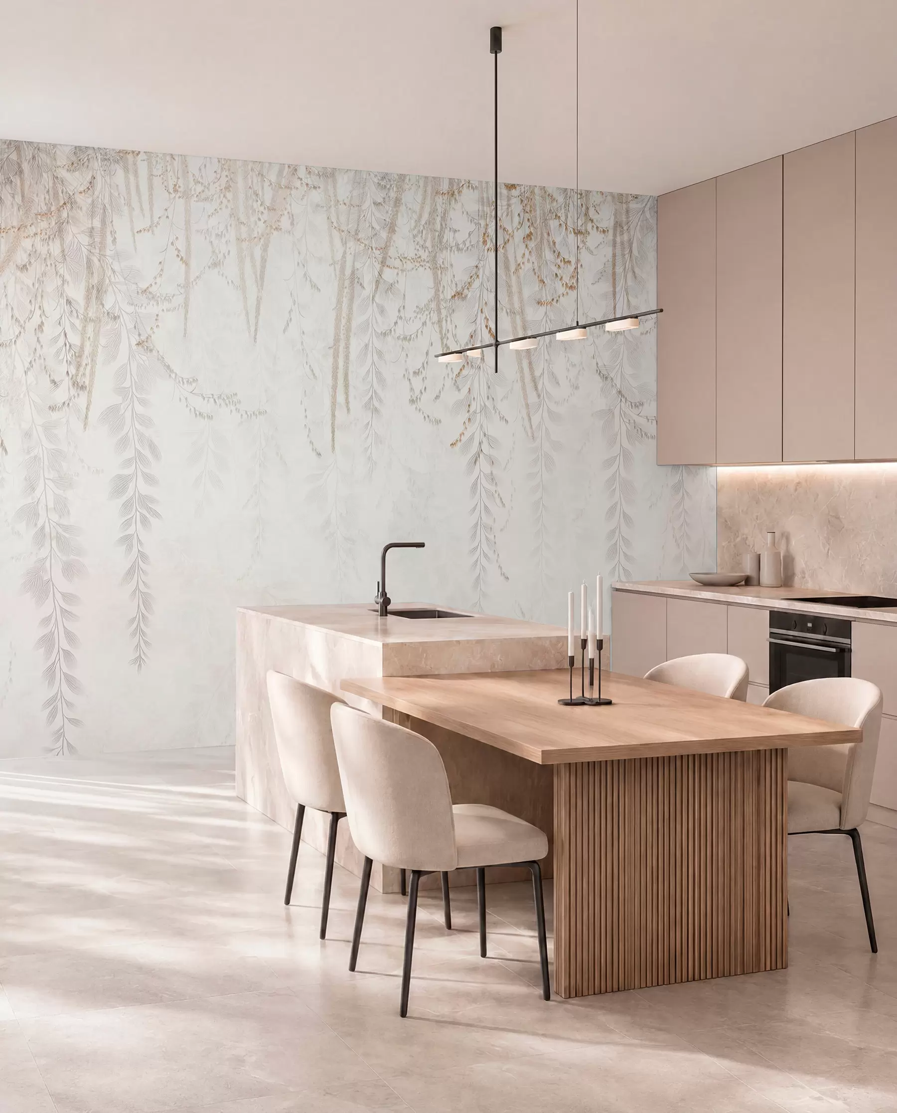 wall murals Light hanging leaves and branches in beige tones w09433