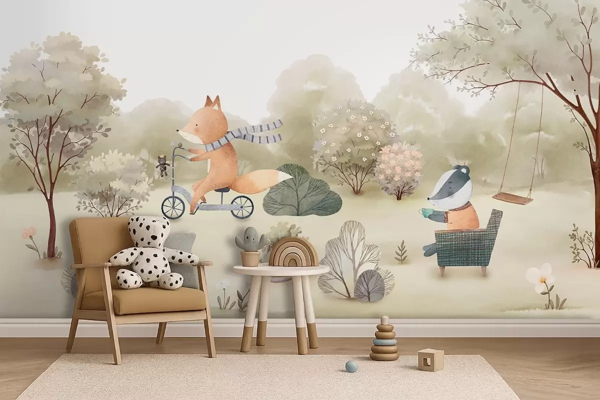 wall murals Fox on a bicycle and badger with tea, forest animals in watercolor style w09439