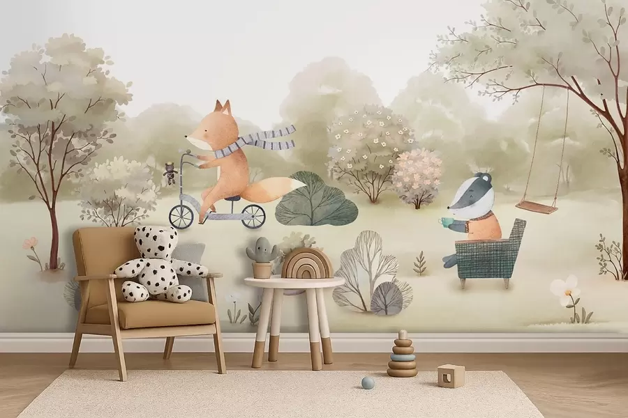 wall murals Fox on a bicycle and badger with tea, forest animals in watercolor style w09439