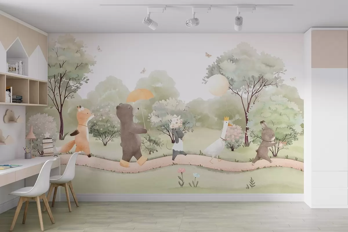 wall murals Festive journey of little animals through the forest in watercolor style w09440