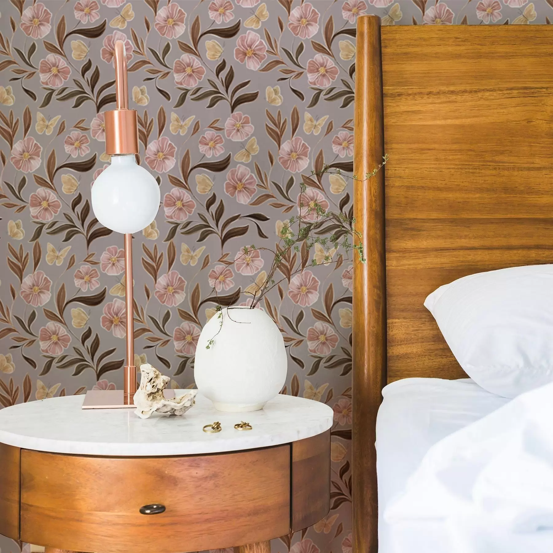 wall murals Pink flowers and butterflies on a gray-beige background a00633