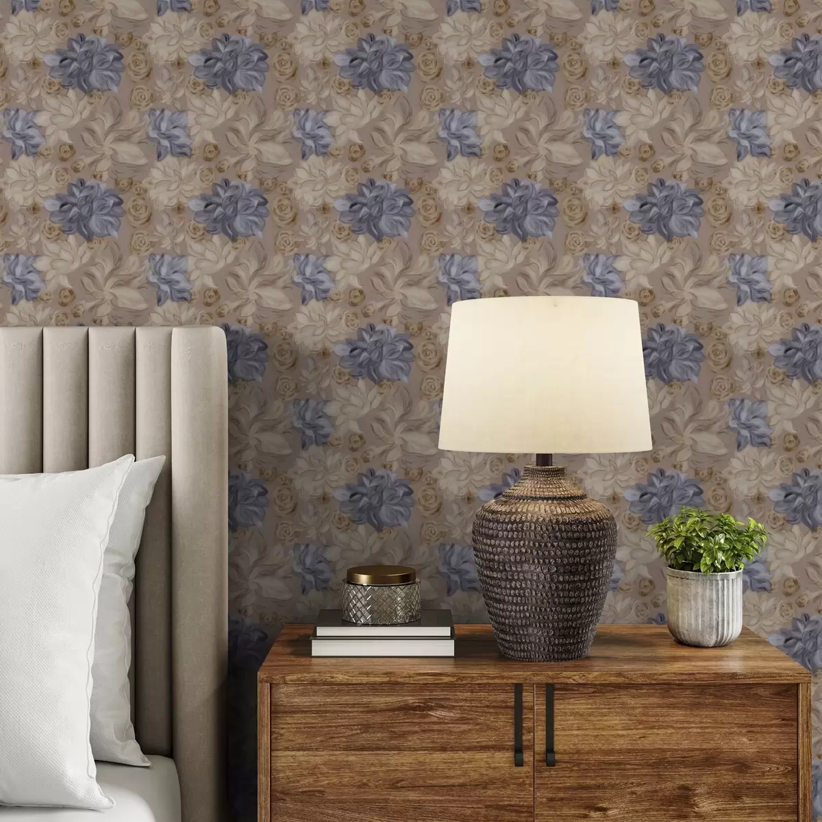 Wallpaper Lush cream and blue flowers in a pastel palette a00634