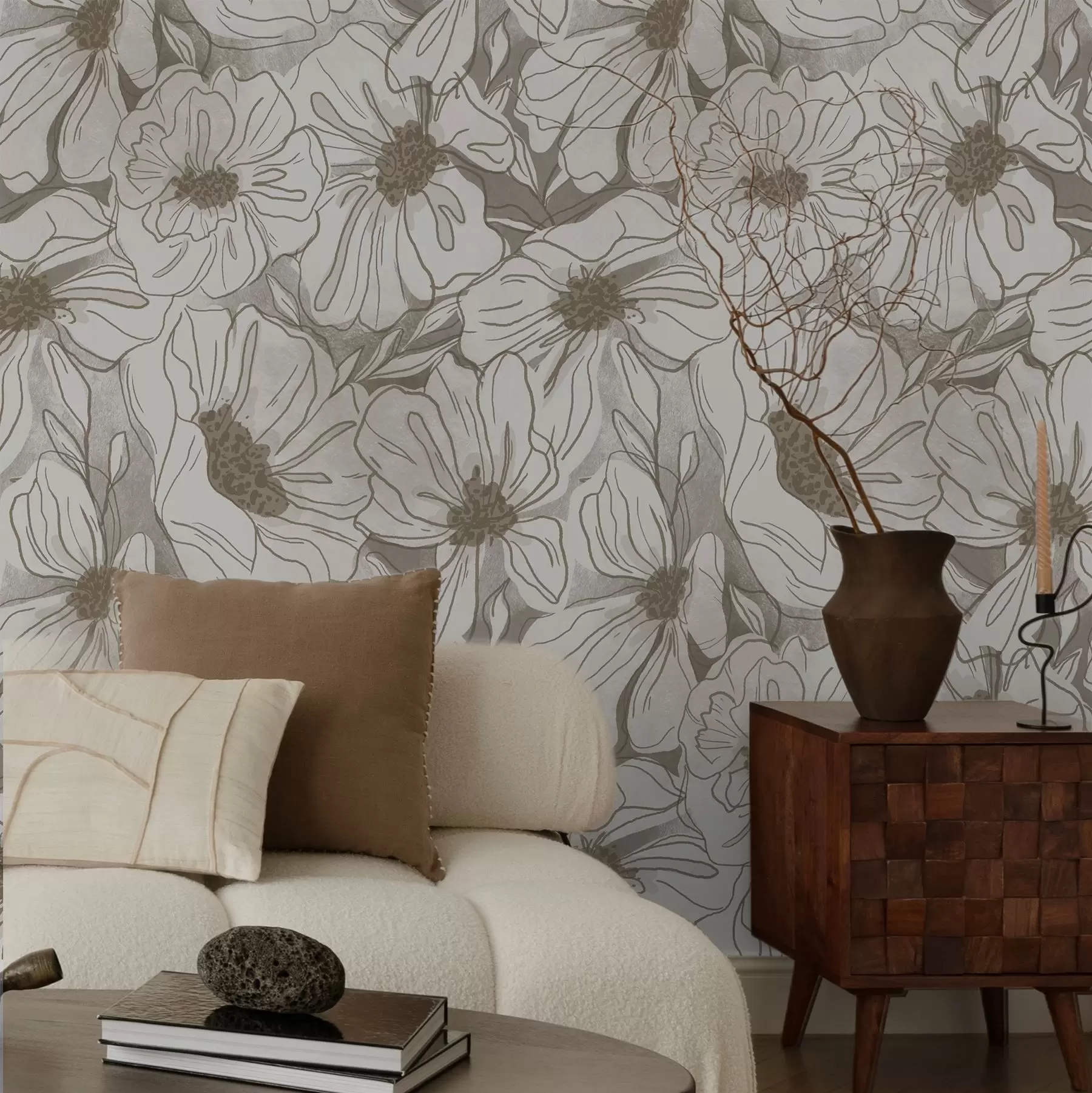 wall murals Linear flowers in a monochrome beige-gray palette a00636