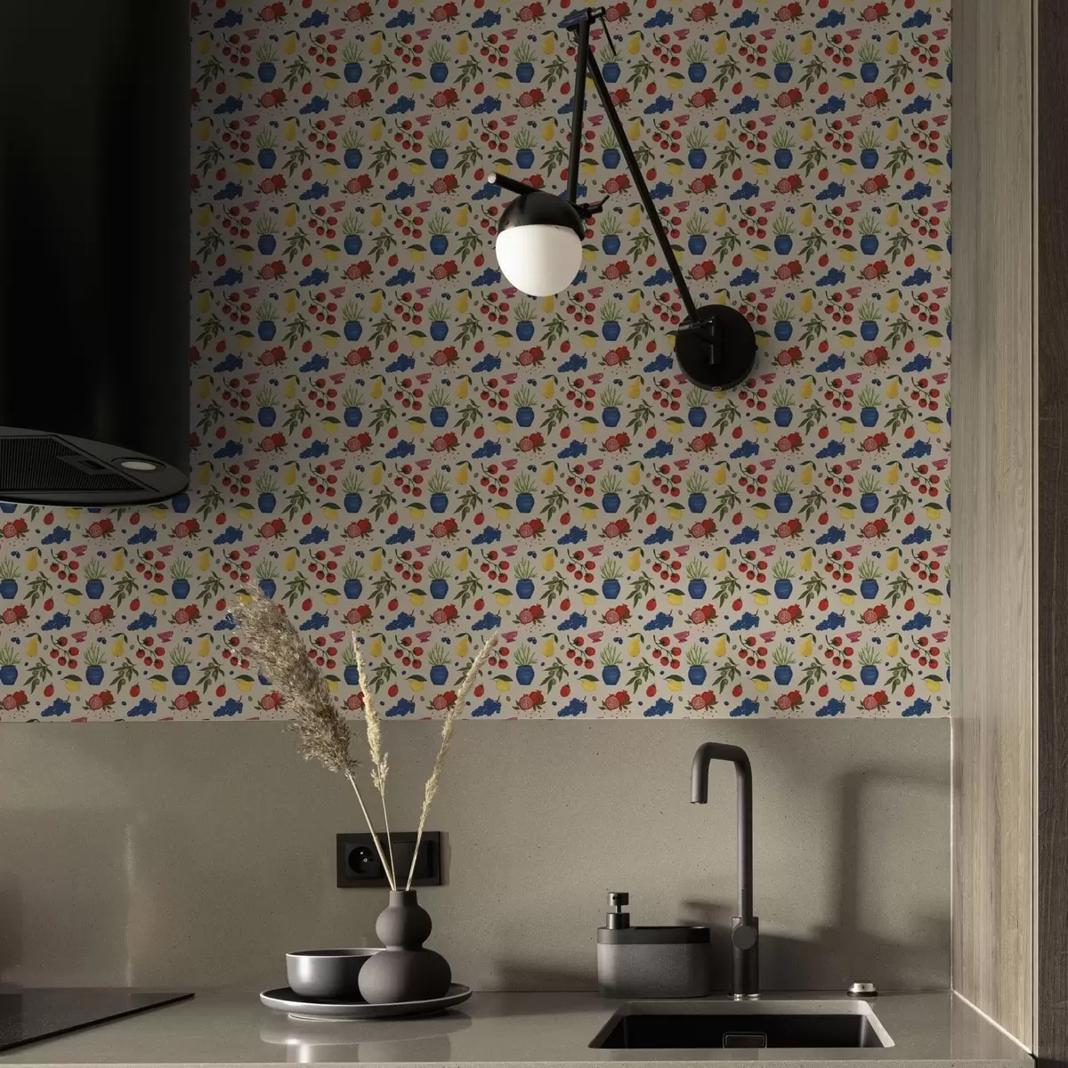 Wallpaper Vibrant pattern with fruits, branches, and vases a00637