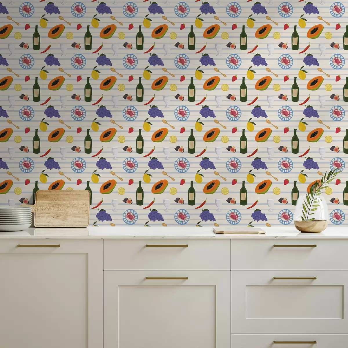 Wallpaper Kitchen print with fruits, glasses, and plates a00638