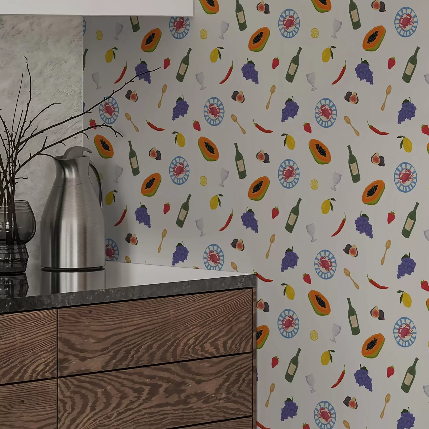 wall murals Arranged fruits, wine, and spices on a light background a00639