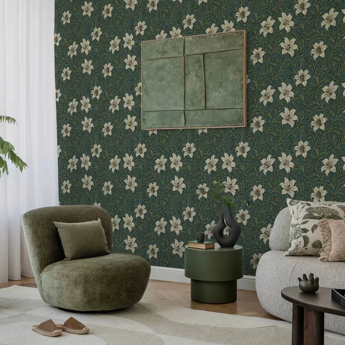 Wallpaper Cream lilies among dense greenery on a turquoise background a00645