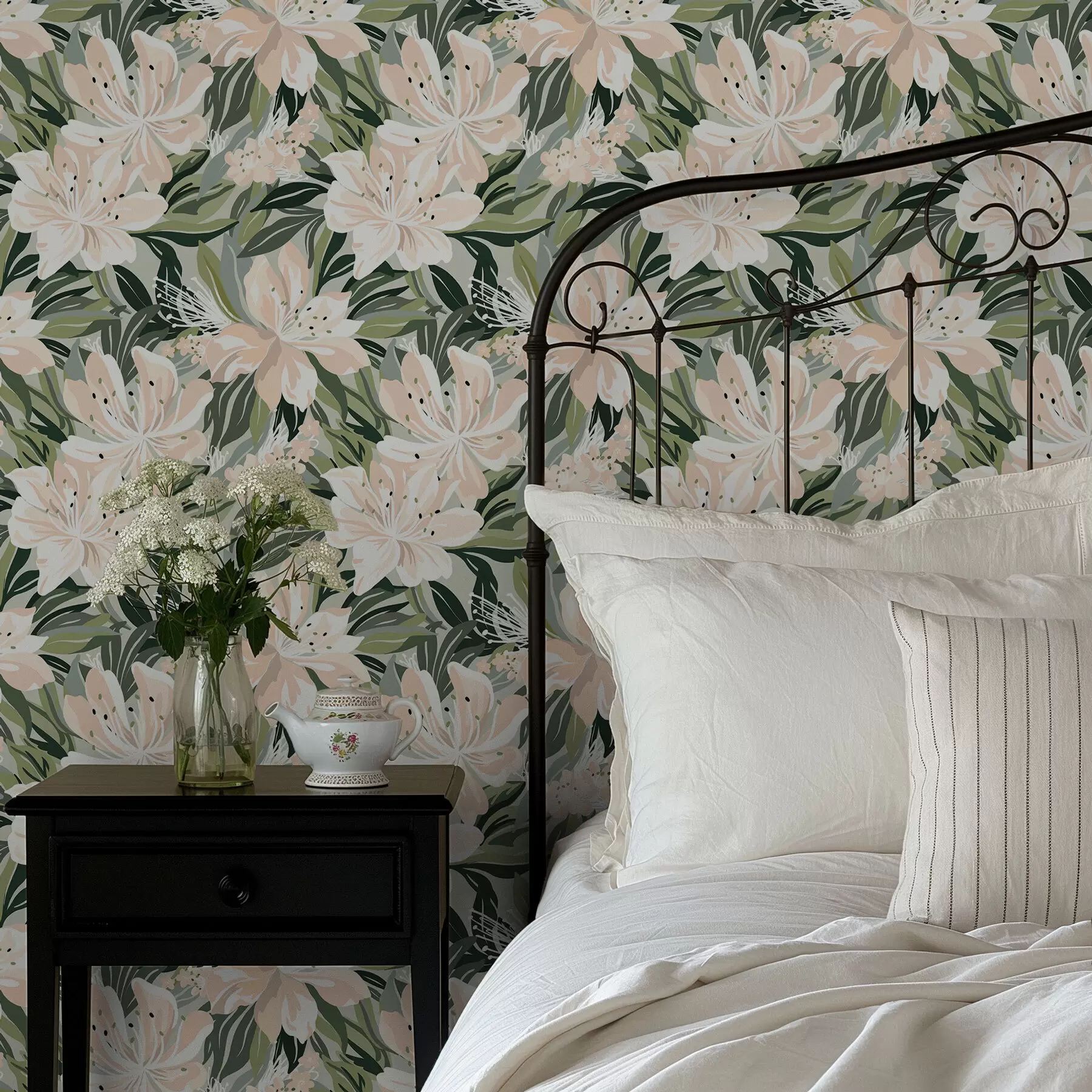 wall murals Large cream flowers on a light green background a00646
