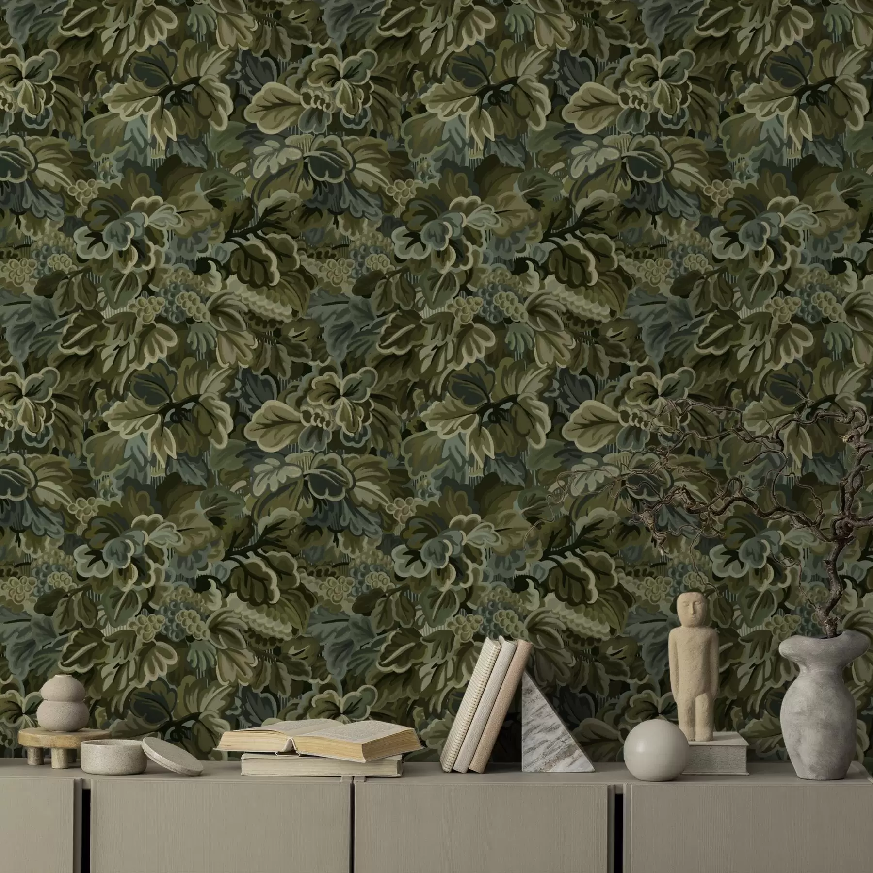 wall murals Dense grape leaves in a deep green palette a00647