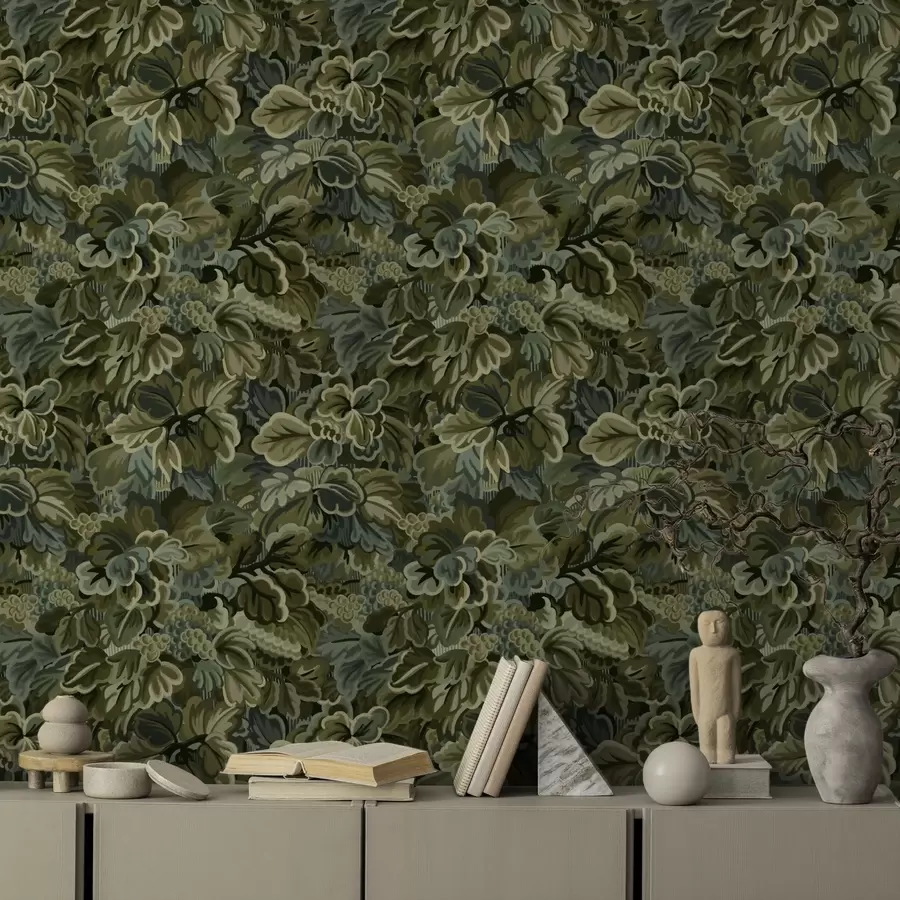 wall murals Dense grape leaves in a deep green palette a00647