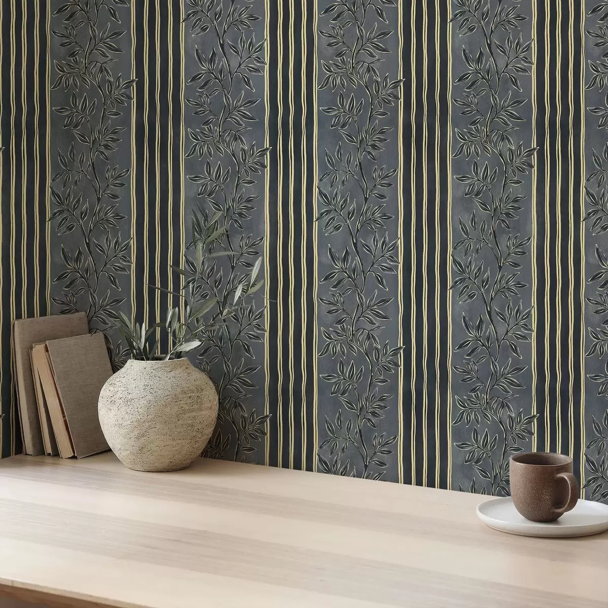Wallpaper Vertical stripes with botanical patterns in dark tones a00648