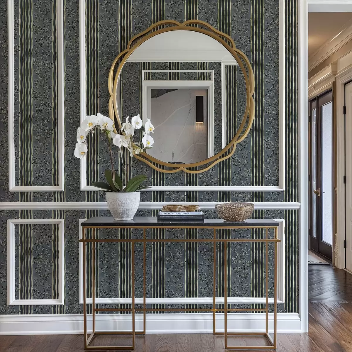 Wallpaper Vertical stripes with botanical patterns in dark tones a00648