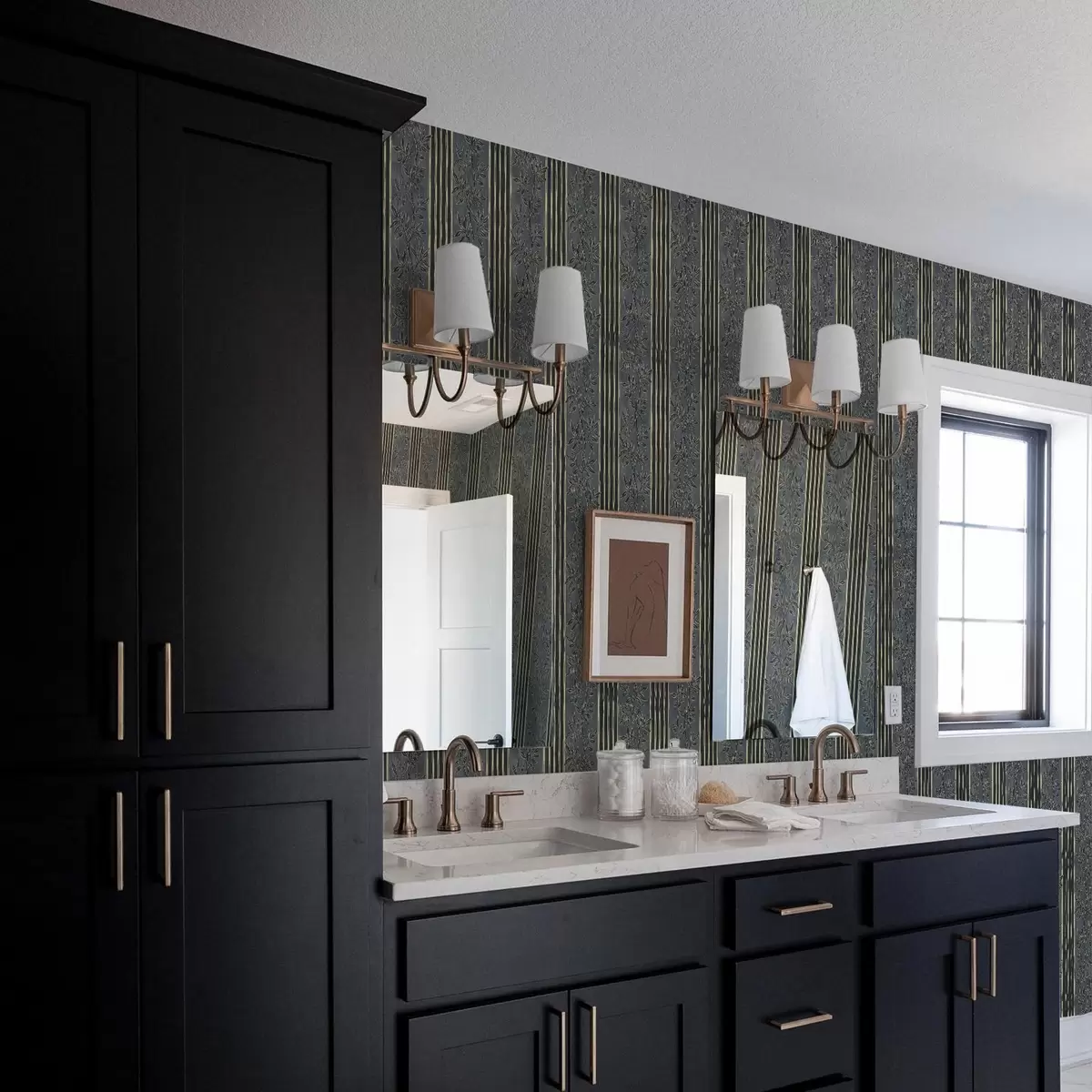 Wallpaper Vertical stripes with botanical patterns in dark tones a00648