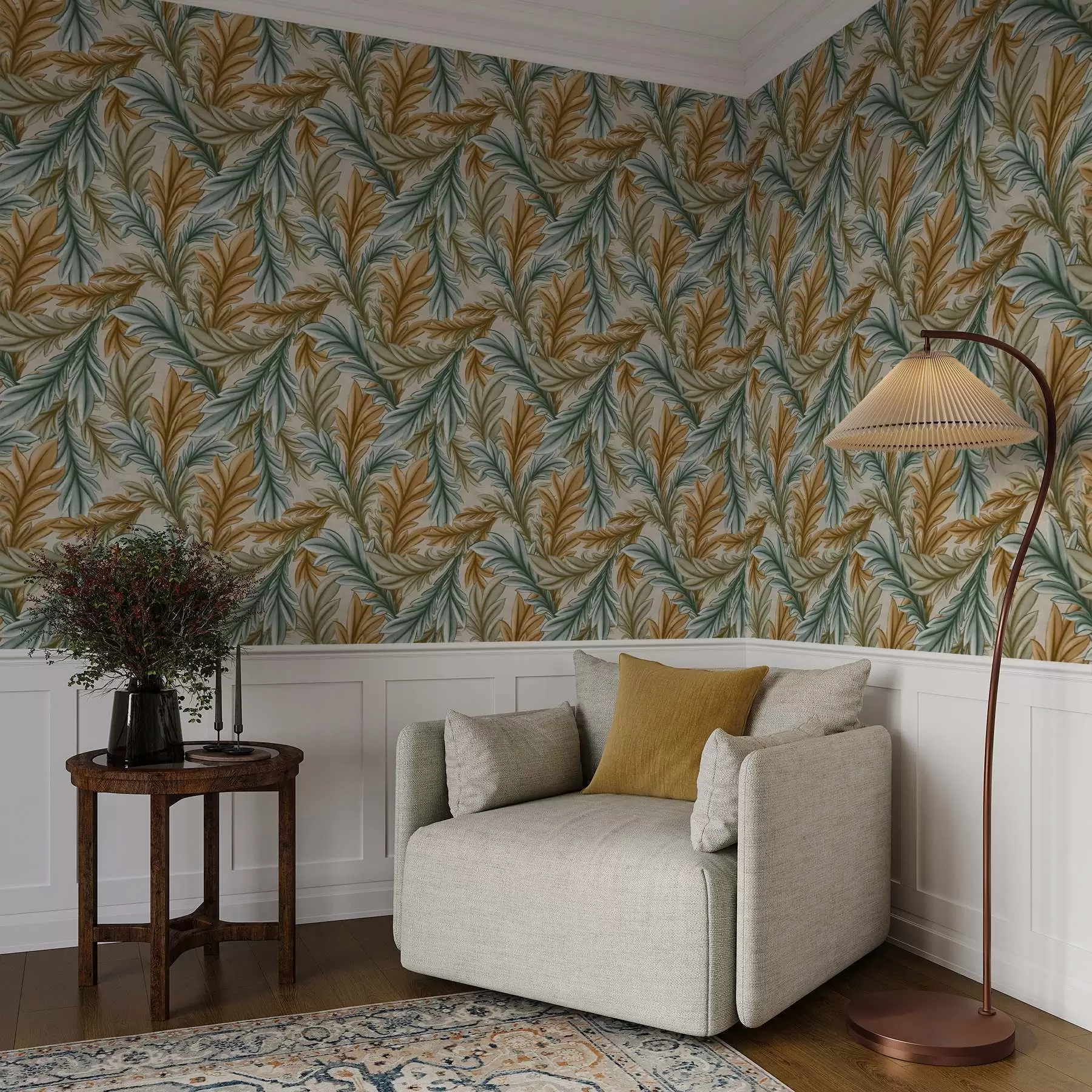 wall murals Decorative foliage in a warm ochre and green palette a00673