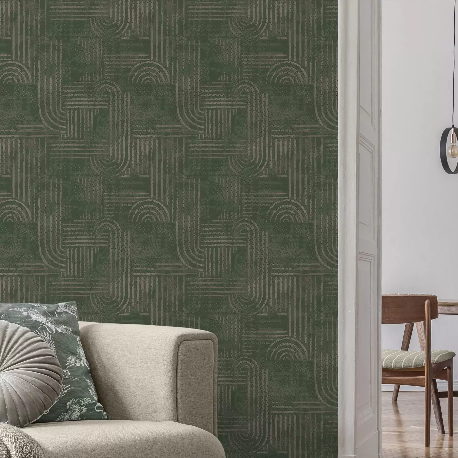 wall murals Geometric pattern with arcs in a green palette a00697