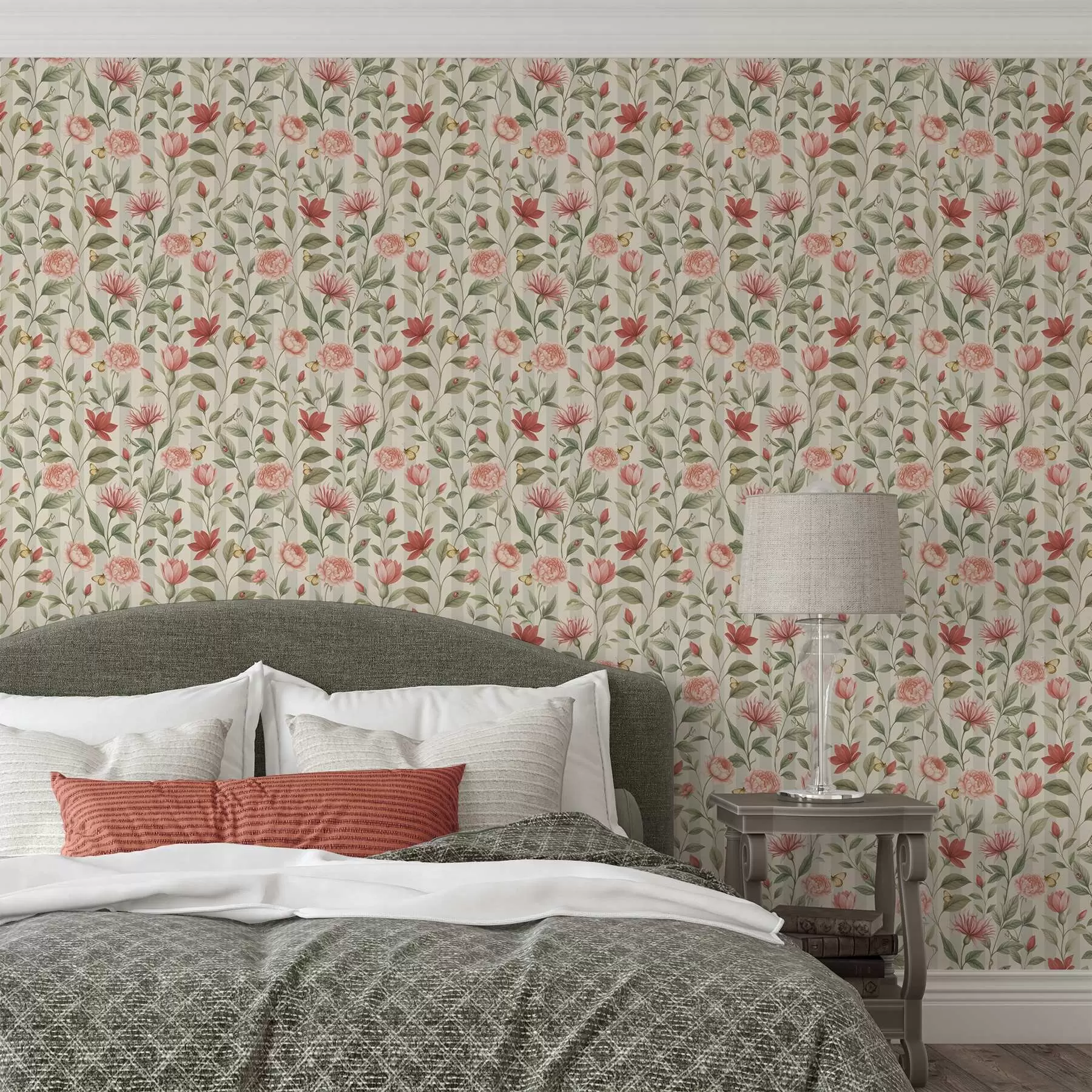 wall murals Floral stems with butterflies on a light background a00698