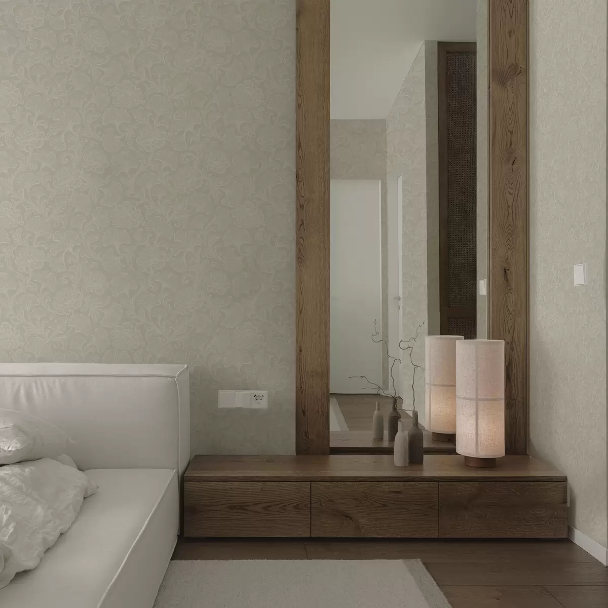 Wallpaper Light pattern with ginkgo and peonies a00700