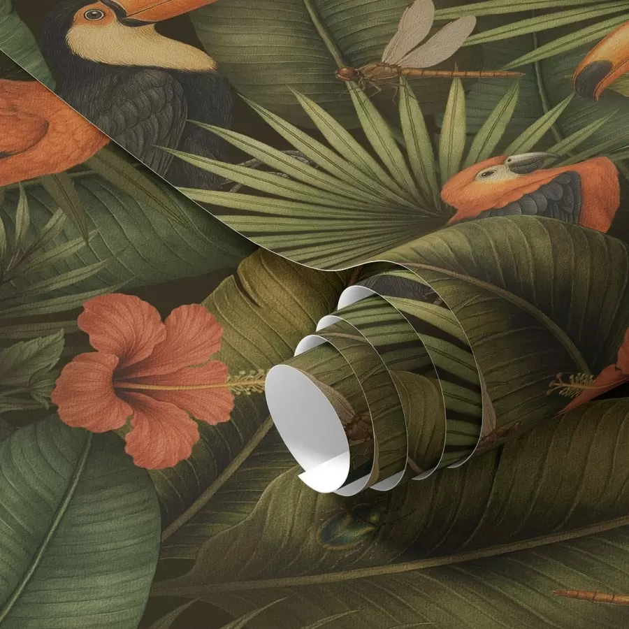 wall murals Toucan and parrots among tropical foliage and flowers a00702