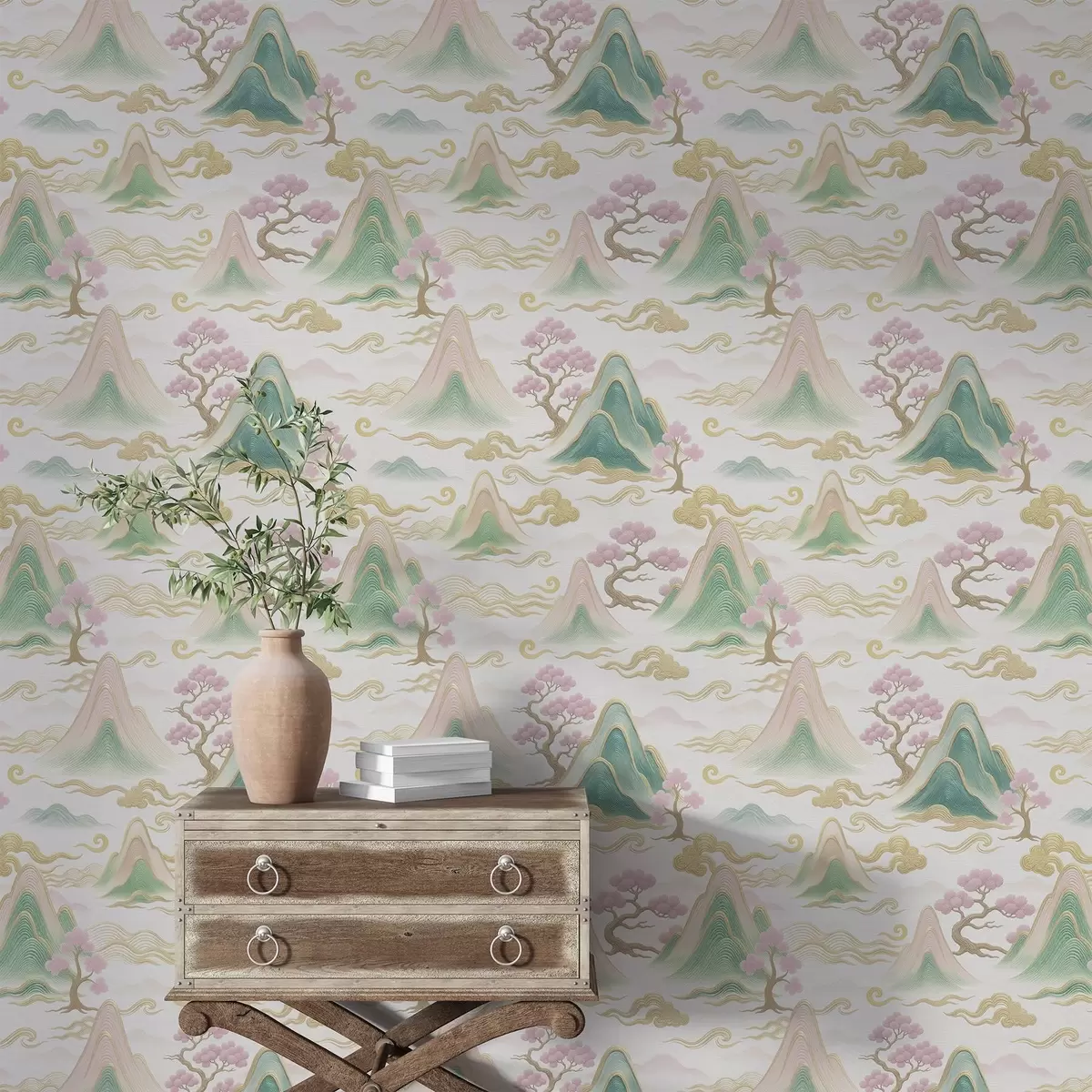 Wallpaper Mountains, clouds, and pines in an oriental decorative style a00703