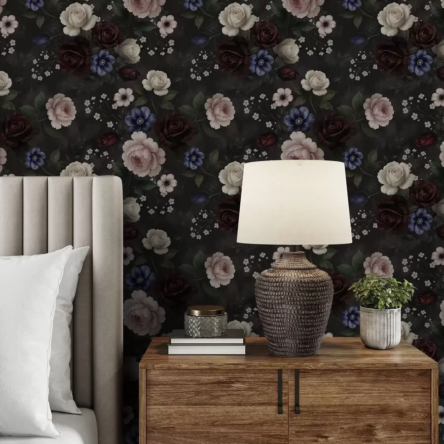 wall murals Dark roses, anemones, and peonies on a deep background a00704