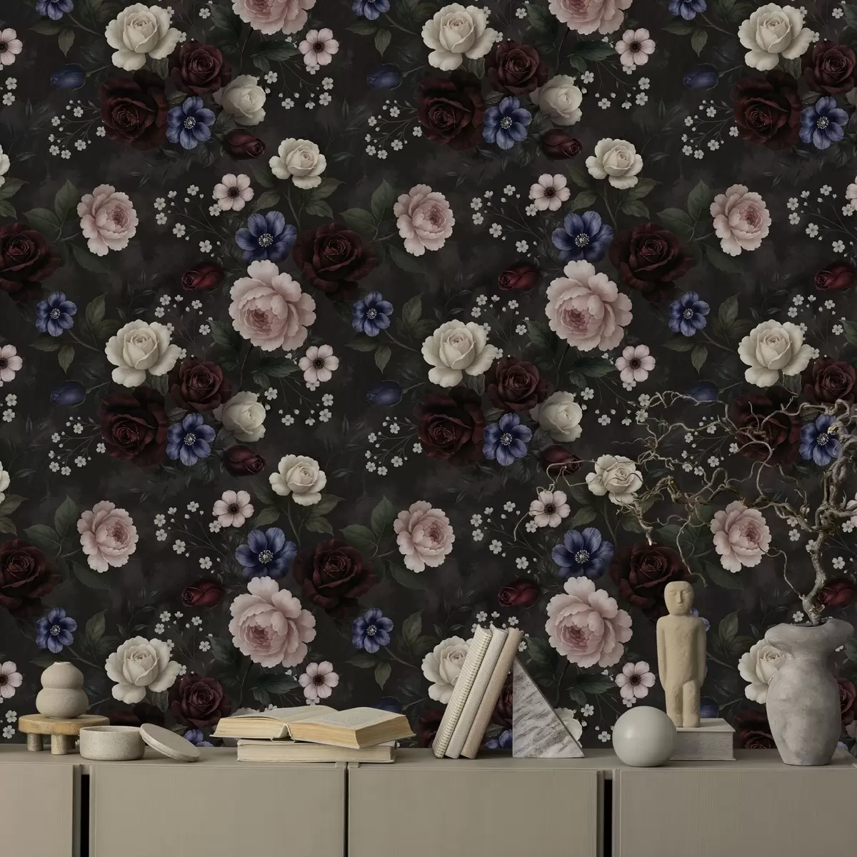 Wallpaper Dark roses, anemones, and peonies on a deep background a00704