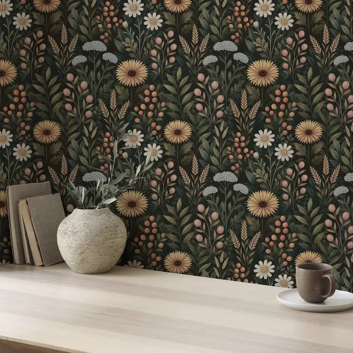 Wallpaper Wildflowers and berries on a dark background, natural ornament a00707