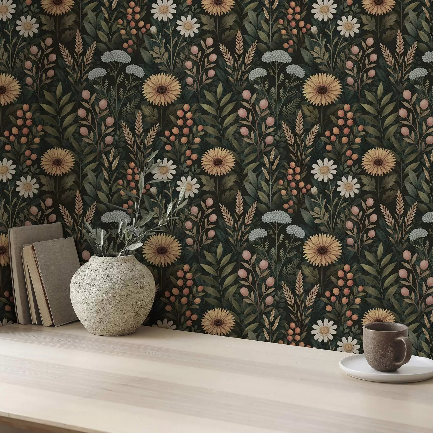 wall murals Wildflowers and berries on a dark background, natural ornament a00707