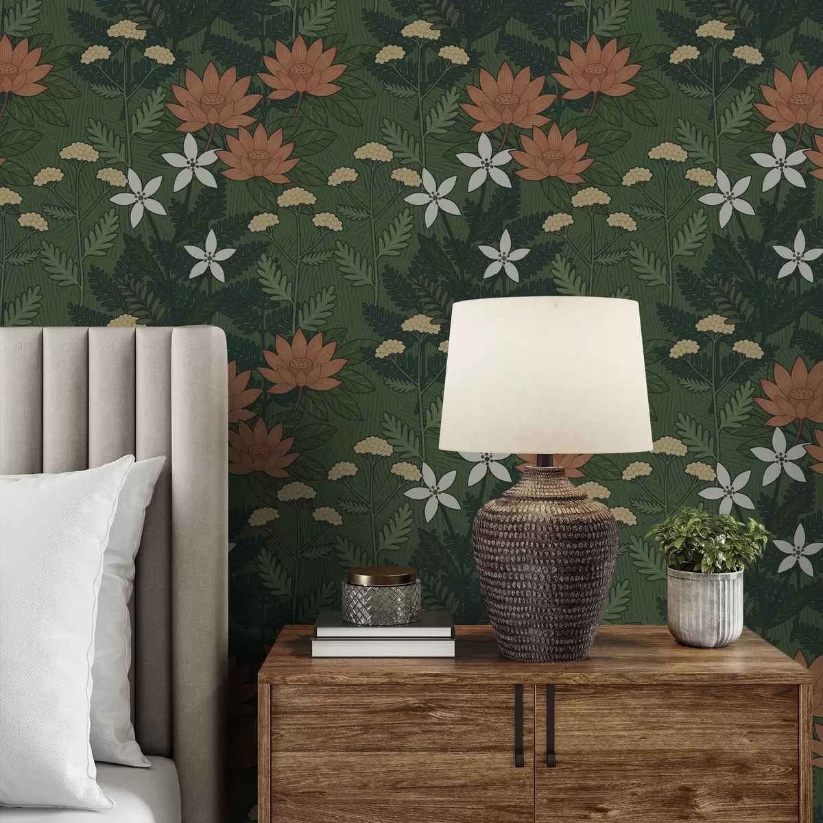 Wallpaper Large flowers among green foliage, decorative composition a00708