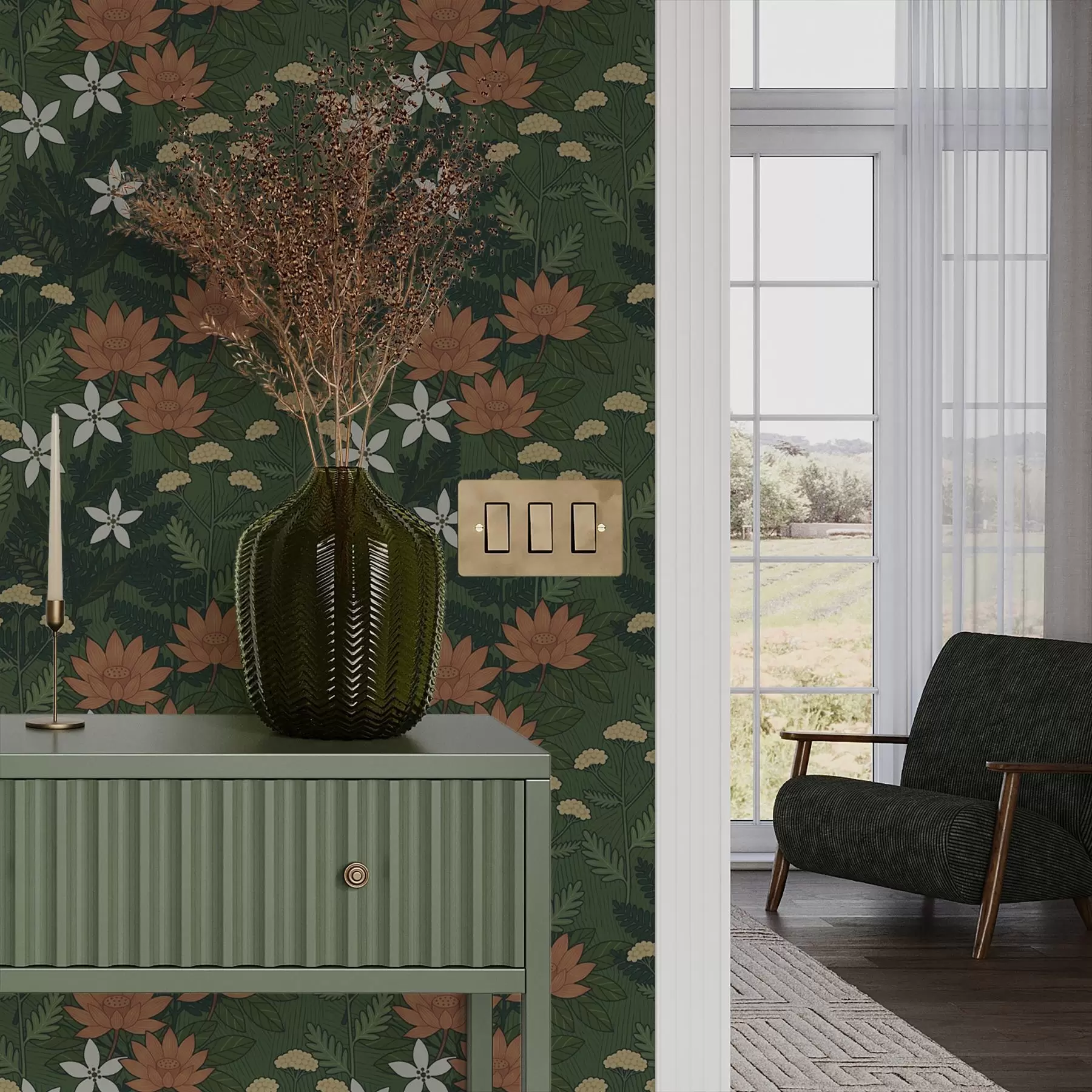 wall murals Large flowers among green foliage, decorative composition a00708