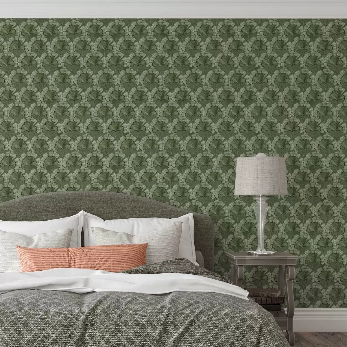Wallpaper Graphic pattern with ginkgo in a cool green palette a00709
