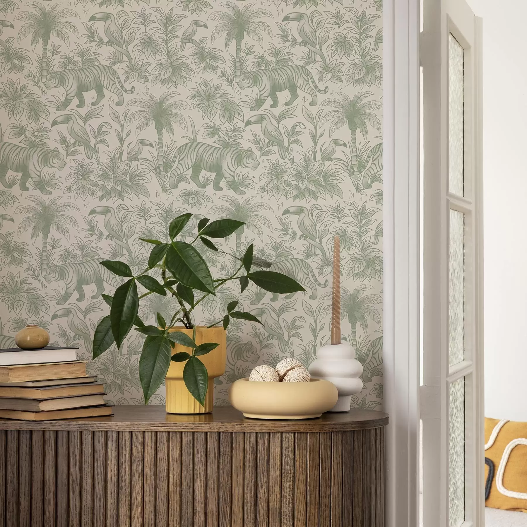 wall murals Tigers and tropical birds among palms on a light background a00711