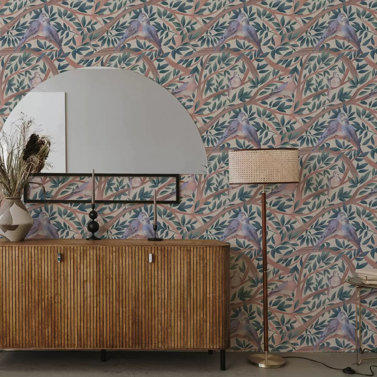 Wallpaper Doves among branches and leaves in a soft pastel palette a00796