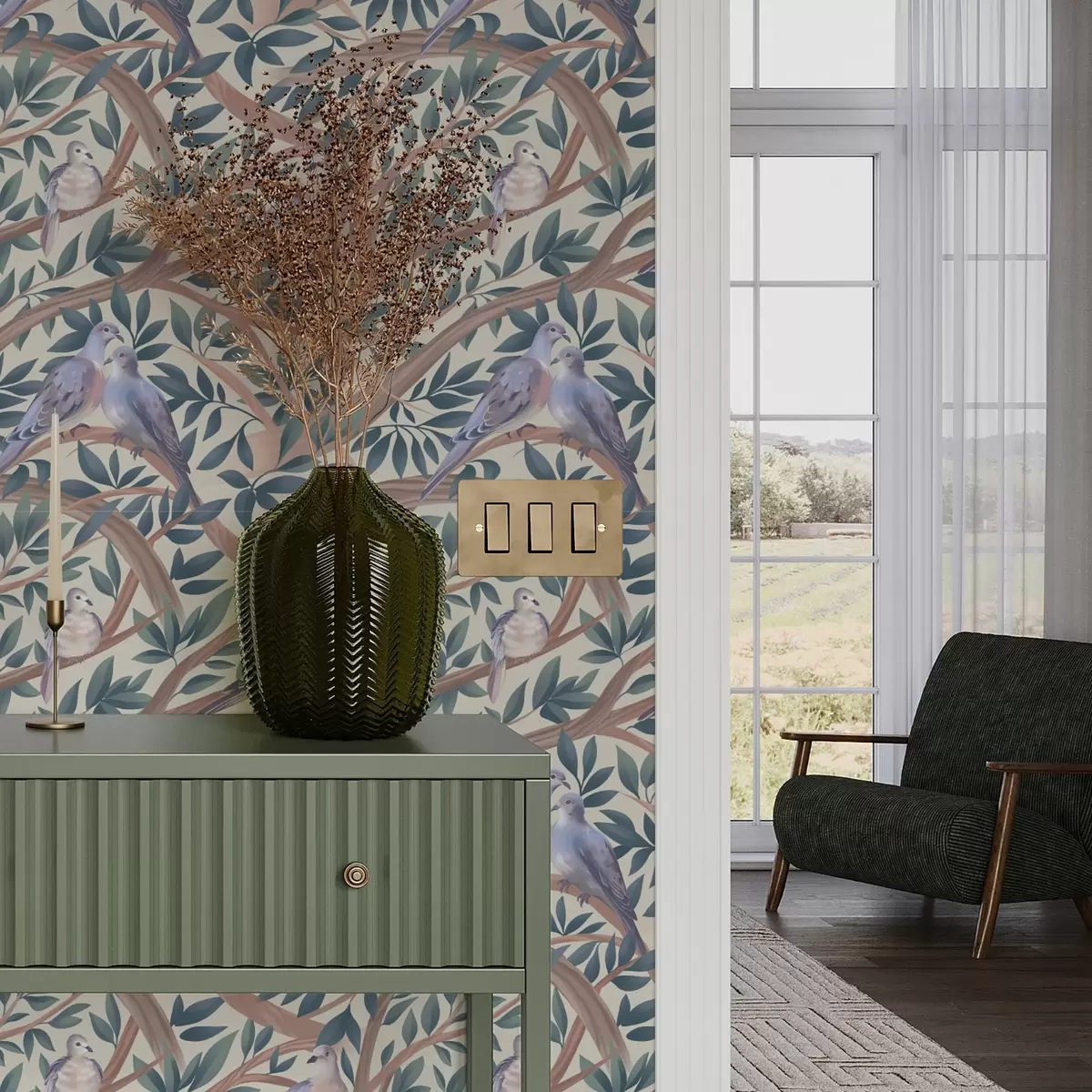 Wallpaper Doves among branches and leaves in a soft pastel palette a00796