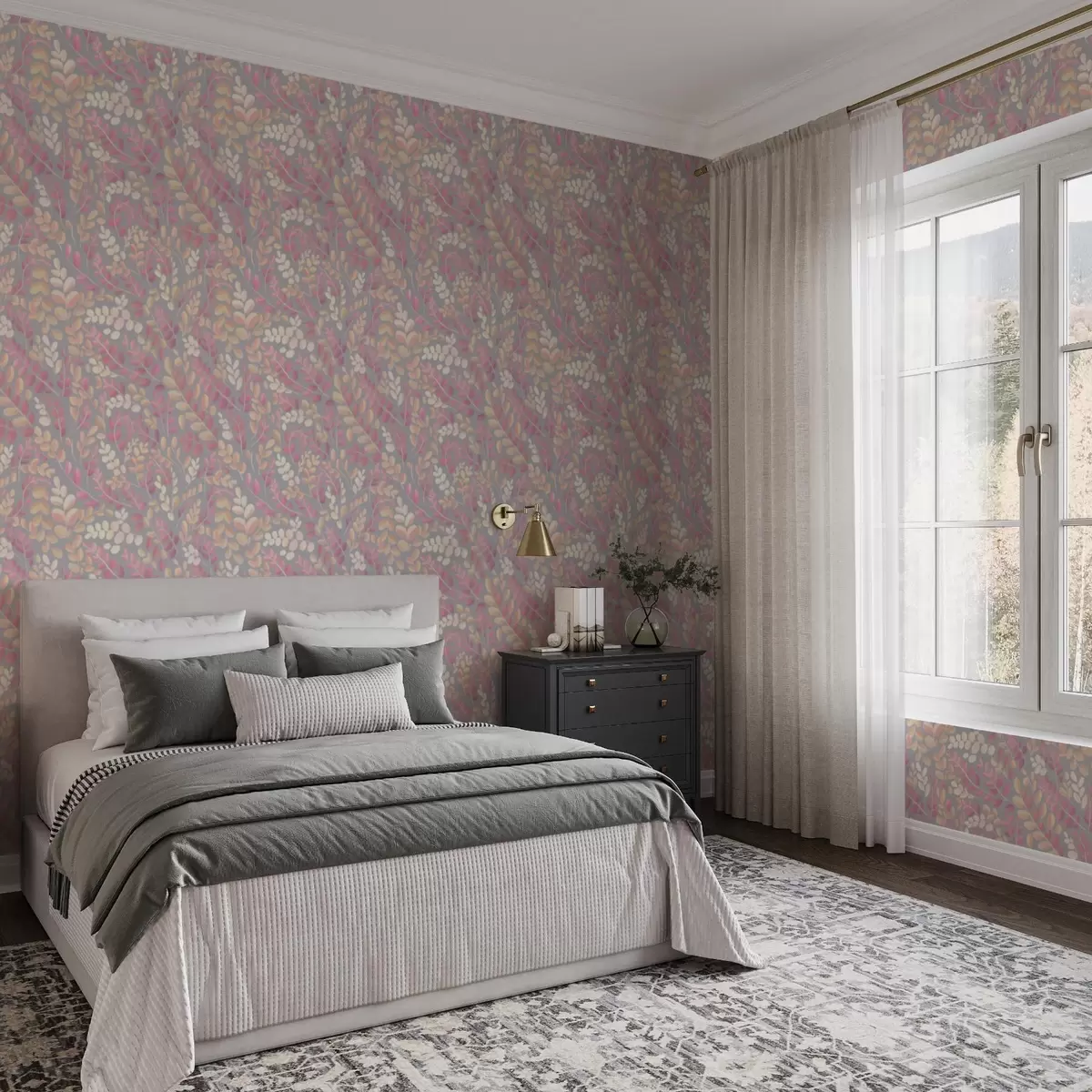 Wallpaper Pastel branches with pink-peach foliage on a gray background a00799v1